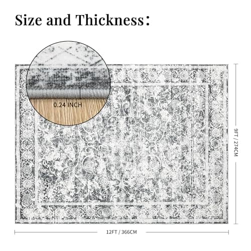 Ruicharm Washable Living Room Rug: 9x12 Boho Vintage Soft Area Rug for Bedroom Decor - Oriental Low Pile Thin Carpet for Dining Room Non-Slip - Farmhouse Stain Resistant Rugs - Grey - Thumbnail 2