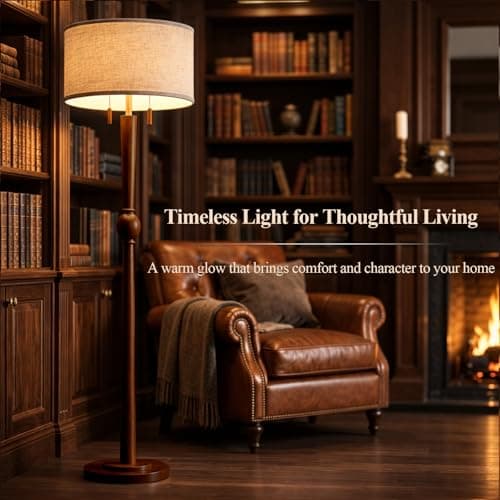 MOFFE 62.8" Solid Wood Floor Lamp,Tall Standing Floor Lamp with 2-Light Pull Chain, 17" Linen Drum Shade, Sculptural Wood Base & Stem,Transitional Floor Lamp for Living Room Bedroom, Includes 2 Bulbs - Thumbnail 2