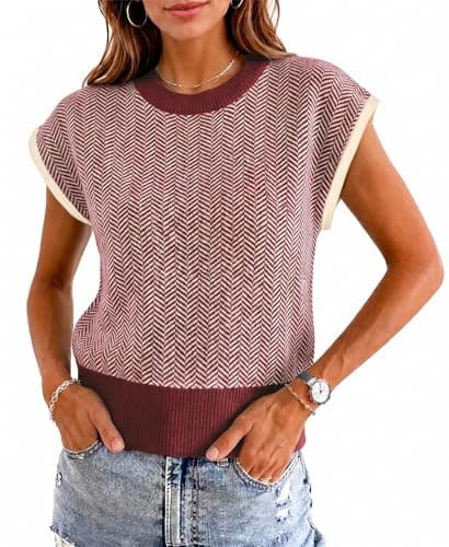 Flowyair Womens Summer Cap Sleeve Sweater Vest Color Block Knit Crop Tops Crew Neck Casual Lightweight Pullover Tops Burgundy - Image 1