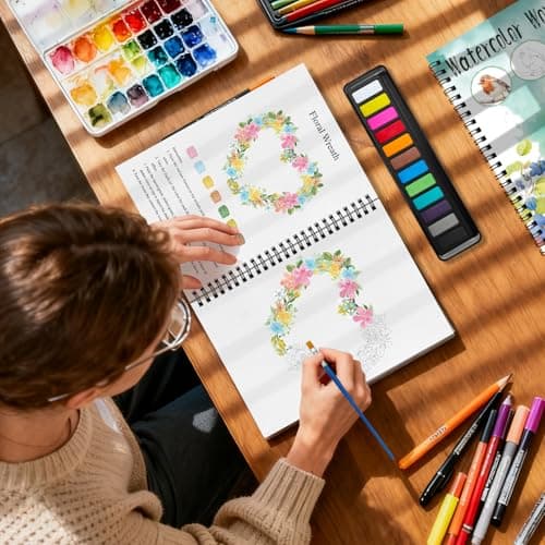 Elfew 2 Pack Watercolor Workbooks Coloring Books, 24 Pages Beginner Friendly Painting Kit, Detailed Steps, 12 Colors Paint Set with Brush, Stress-Relieving Gift for Adults & Women (Animals & Flowers) - Thumbnail 2