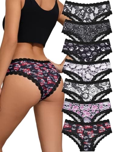 Dircho Women's Hipster Panties 7 Pack, Gothic Skull Halloween Print, Contrast Lace Trim Soft Stretchy Underwear Egirl Punk Emo Witchy - Image 1