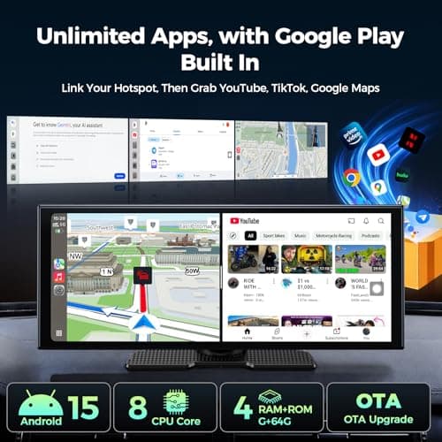 LAMTTO 11'' AI CarPlay Screen with Google-Play Download APPs & Gemini, Smooth 8-Core, Wireless Car Play Android Auto, Vivid 60FPS 1920x720 Display, 1080P Backup Camera/DVR for Road Trip Entertainment - Thumbnail 3