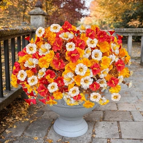 Artificial Flowers for Outdoor, Fake Flowers Faux Plants for Outside Indoor, 4PCS Fall Decor, Morning Glory Petunia UV Resistant, for Garden Porch Window Box Home Planters Farmhouse (Early Harvest)