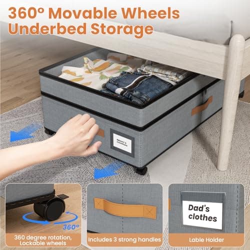Mqaue Storage Box,Under Bed Storage with Wheels 72L XXL Under the Bed Storage Containers Large, 10‘’ Tall Adjustable Storage for Underbed with Lids, Rolling for Shoes, Clothes, Blankets, Grey - Thumbnail 3