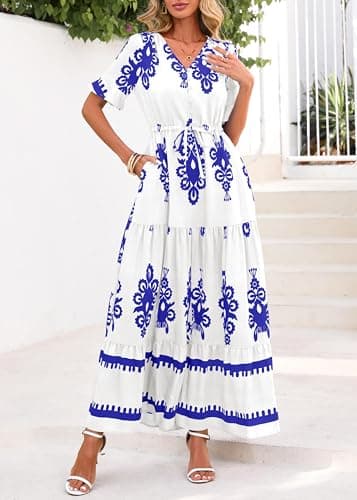 Lazysmile Summer Dresses for Women Short Sleeve V Neck Floral Drawstring Flowy A Line Boho Maxi Dress with Pockets White - Thumbnail 3