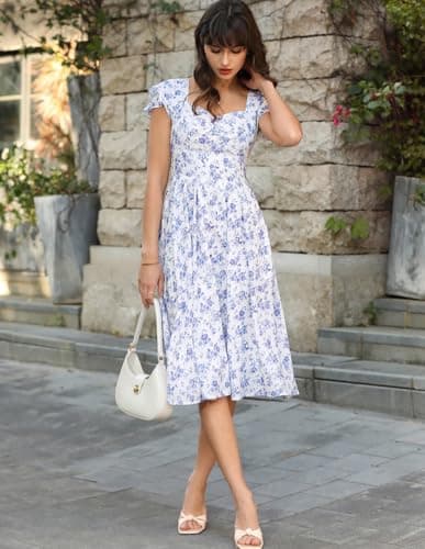 Belle Poque Women's Sweatheart Neck Ruffle Cap Sleeve Floral Dress 2026 Summer Midi Elegant Cocktail Party Dress Small - Thumbnail 3