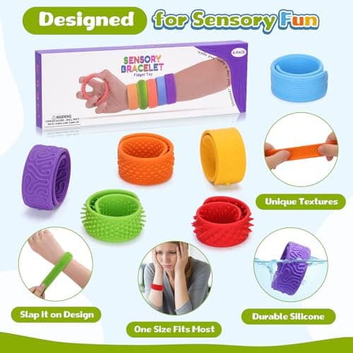 HOMQYTE 6 PCS Fidget Slap Bracelets Toys for Kids Adults Textured Silicone Bracelet Sensory Toys for Autism Anxiety ADHD Calm Down Corner (Multicolor 1, 6 Pcs) - Thumbnail 3