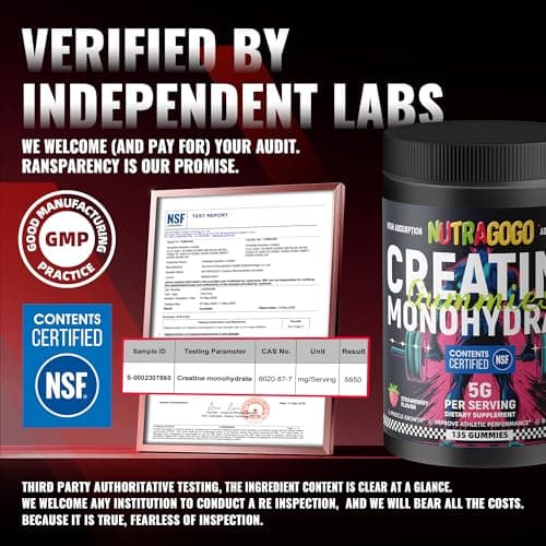 NUTRAGOGO NSF Certified Creatine Gummy - Creatine Monohydrate Gummies for Men & Women-5g of Creatine Monohydrate per Serving - Sugar Free,Vegan, Strawberry Electrolyte Chews, 135 Count - Thumbnail 2