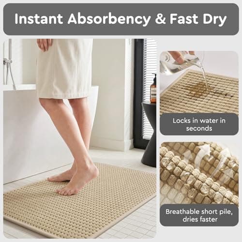 tchdio Bathroom Runner Rug, Absorbent Washable Thin Bath Mat, Non Slip Quick Dry Bath Rugs with Solid Rubber Backing, Low Profile Bath Mat, Beige, 24" x 48" - Thumbnail 3