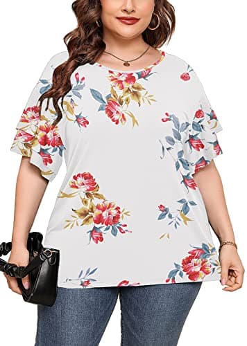 AusLook Plus Size Women's Summer Tops Floral White 1X Tunic Double Ruffle Short Sleeve Blouses Crewneck Clothing Tee Ladies Clothes Flowy Dressy Casual Loose Fit Outfits Maternity Clothes - Image 1
