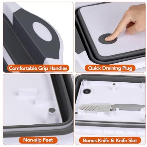 QiMH Collapsible BBQ Prep Tub, Picnic Basket with Lid Foldable Dish Basin, Washing and Draining Veggies Fruits, Food Grade Portable Cutting Board for Camping, Traveling, and Kitchen - Thumbnail 4