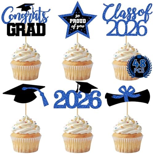 48 PCS Grad Cupcake Toppers, 6 Styles Graduation Cake Topper, Congrats Graduation Decorations 2026, Glittery Black and Blue Cap and Diploma Cake Picks for Grad Decor Party Supplies