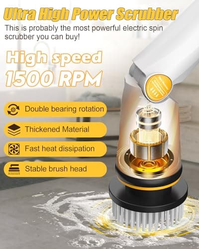 Qimedo Electric Spin Scrubber with Two Batteries Q2 Pro,1500 RPM High Power Electric Scrubber for Cleaning,Shower Cordless Cleaning Brush with Display for Tub/Tile/Floor (Effortless Handle/8 Brushes) - Thumbnail 2