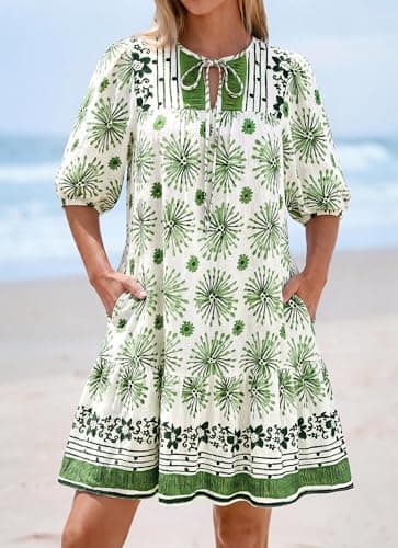 Okiwam Womens Summer Dresses 2026 Drawstring V Neck Lantern Short Sleeve Boho Floral Casual Babydoll Beach Vacation Sundress-XL Green Flower - Thumbnail 2