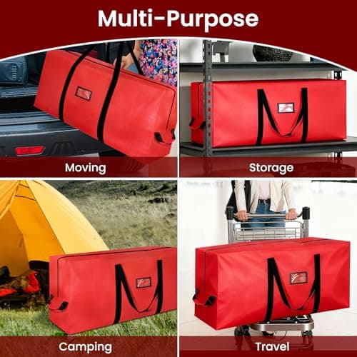 Christmas Tree Storage Bag, 9FT Large Christmas Tree Bag 600D with Reinforced Handles, Heavy Duty 9 Foot Tree Bags for Storage Waterproof Xmas Tree Box, Dual Zippers, Wide Opening, Red - Thumbnail 6