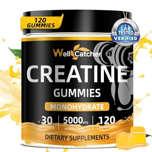 Wellcatcher Creatine Monohydrate Gummies for Men Women: Lab Tested Creatine 5000mg Supplement Sugar Free Chewable for Muscle Growth Recovery Preworkout Energy Orange Flavor 120ct