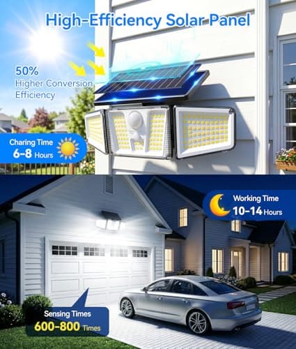 KOOPER Solar Flood Lights, 210 LED Motion Sensor Outdoor Lights, Solar Motion Lights Outdoor Waterproof, 3 Heads 300° Wide Angle Outdoor Security Lights for Yard Patio Garage Entryways, 2 Pack, Black - Thumbnail 4
