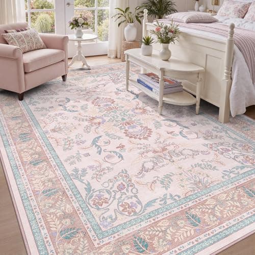 DCX Area Rug 4x6 Botanical Floral Washable Rugs in Pink and Blue Soft Non Slip Low Pile Stain Resistant Carpet for High-Traffic Areas Bedroom Kitchen Entryway - Image 1
