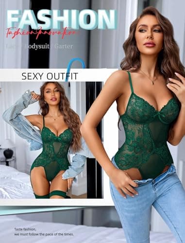 Avidlove Sexy Lace Lingerie Sexy Lace Bodysuit with Adjustable Garter, Vintage Inspired Lingerie for Date Night & Photoshoots Green L - Thumbnail 3