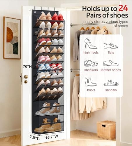 Soarine 12 Tier Over the Door Shoe Organizer for Closet, Holds 24 Pairs Hanging Shoe Rack for Door with Mesh Pockets, Narrow Shoe Holder Hanger for Sneakers, Boots (Black) - Thumbnail 3