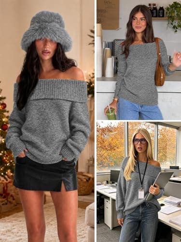 ATHMILE Cute Tops for Womens Off The Shoulder Sweaters Oversized Batwing Sleeve Loose Pullover Spring Fall Winter Outfits Dark Grey - Thumbnail 5