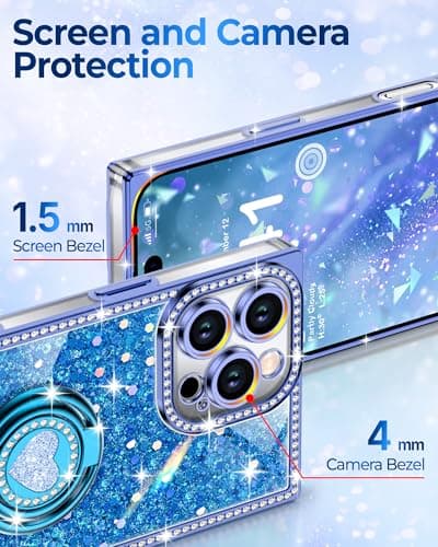 XYZ for iPhone 16 Pro Max Case, Glitter Bling Phone Cover with 2-Ring Heart Stand & Lanyard, Women Girls Luxury Rhinestone Shockproof Protective Case for iPhone 16 Pro Max, Blue - Thumbnail 4