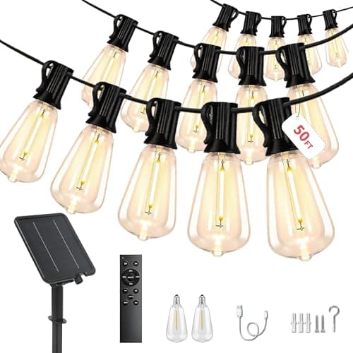 CRLIVOING 50FT Solar String Lights Outdoor Waterproof, 15+2 Shatterproof with Edison Bulbs,Solar Powered Outdoor Lights with Remote, LED String SolarLights for Garden, Backyard, Parties
