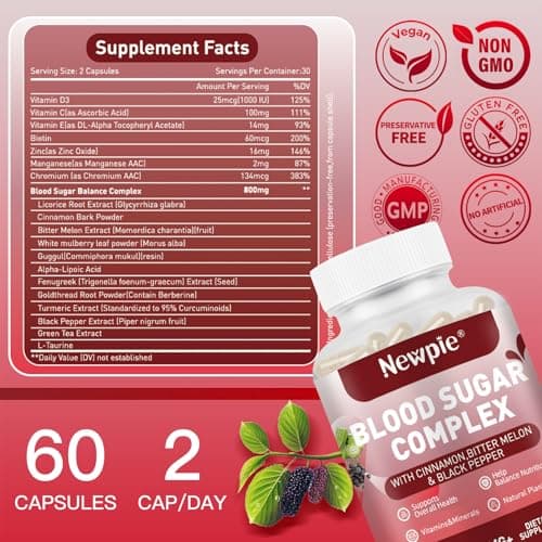 Blood Sugar Complex Supplement – Natural with 20 Active Herbs and Vitamins, Including Cinnamon, Bitter Melon, Black Pepper, Licorice, Vegan, Non-GMO, Gluten-Free, 120 Capsules - Thumbnail 2