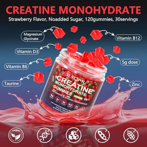 Slsomu Creatine Gummies for Women, 5000mg Pre-Workout Muscle Strength & Energy Support, 0 Sugar Creatine Gummy with L-Taurine, Zinc, B12 B6, Strawberry Flavor, Vegan - 120 Gummies - Thumbnail 4
