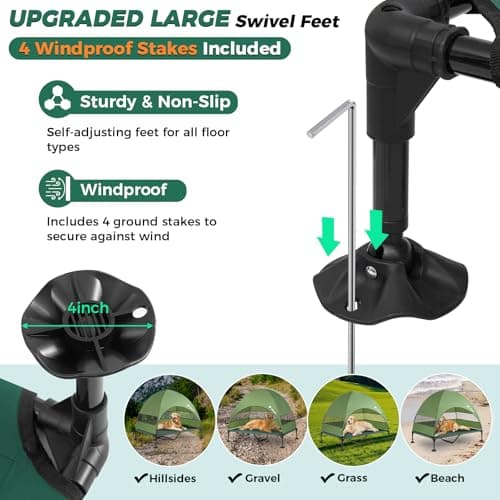 Libbipaw Windproof Elevated Dog Bed with Canopy & Stakes, 3-Sided 90% UV Block, Chew-Proof Teslin Mesh Mat for Large Dogs up to 150lbs(Green X-Large) - Thumbnail 2