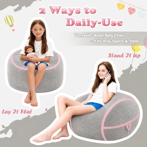 HABUTWAY 2FT Bean Bag Chair, Small BeanBag Chairs with Memory Foam Filled, Ultra-Soft Velvet Bean Bag Chair with Portable Handle, Comfy Bean Bag Sofa for Living Room, No Assembly - Light Grey & Pink - Thumbnail 5