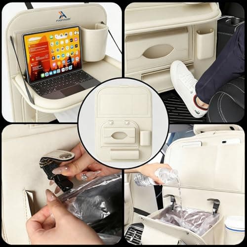 FASTAGEI 2 Pack Universal Premium Leather Foldable Car Backseat Organizer with Table Tray, Car Seat Back Protector with Garbage Bag Touch Screen Pad Holder, Car Kick Mats with Tissue Box (Beige) - Thumbnail 5