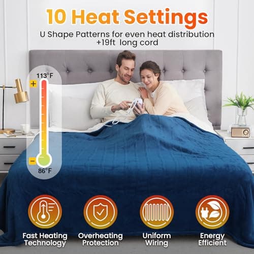 WOOMER Electric Heated Blanket, Soft Flannel Fast Heated Throw Blanket with Multi-Color Option, Twin Size 62"x 84", 10 Heating Levels & 0.5-12H Auto Off, Over-Heat Protection - Thumbnail 3