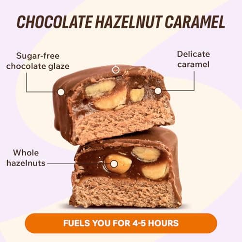 Fitness SHOCK Hazelnut Caramel Protein Bars - Gluten Free, No Added Sugar, Low Calorie Low Carb Snack - 10g Protein, 0g Added Sugar, 190 Kcal, 16g Net Carbs - 12 x 50g - Thumbnail 3