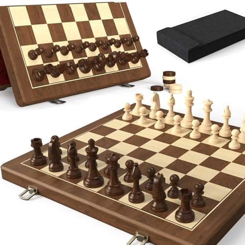 Premium Natural Walnut 15" Magnetic Wooden Folding Chess & Checkers Set- 2 in 1 Board Game with 3" King Staunton Pieces and 2 Extra Queens, Checkers, and Dust-Proof Storage Bag (Red)