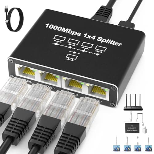 Internet Splitter 1 in 4 Out, Gigabit Ethernet LAN Splitters High Speed 1000Mbps RJ45 Ethernet Switch for Cat8/7/6/5e/5 Cable [4 Devices Simultaneous Networking] - Image 1