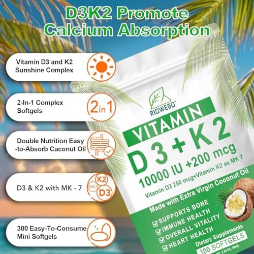 RIOWEGO Vitamin D3 + K2 w/Coconut Oil,Vegan Vitamin D 10000IU & Mk7 Vitamin K 200 mcg for Bone, Immune & Heart Support | Easy to Swallow-Non-GMO-300 Softgels - Thumbnail 3