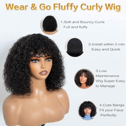 JOEDIR HAIR Fluffy Wig Human Hair Wigs for Black Women Wear and Go Afro Curly Bob Wig with Bangs 12 Inches Water Wave Glueless Wigs 250% Density (1B / Black) - Thumbnail 2