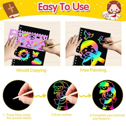 ZMLM Rainbow Scratch Party Favors Kids: Birthday Gifts Toy Bulk Scratch Art Notebook Birthday Goodie Bags Stuffers Girls Boys Art Craft Kit Pads Classroom Prizes School Teacher Return (Christian, 24) - Thumbnail 6