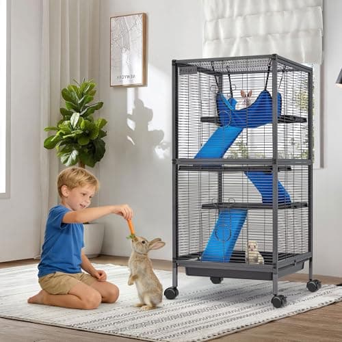 Fragess Small Animal Cage, 45''H Large Metal Rolling 4-Tiers Guinea Pig Cage, Ferret Cage, Rabbit Cage, Chinchilla Cage for Rats/Hamsters, 0.5'' Bar Spacing with Removable Ramp & Platform (Medium) - Thumbnail 6