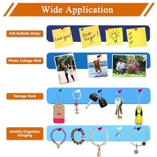 HULAVO 8Pcs Rectangle Felt Cork Board Bar Strips with 35 Pushpins, Self-Adhesive Bulletin Board Strips for Office School Home Wall Decor Stickers Memos Schedules Photos Display -Gradual Blue - Thumbnail 3