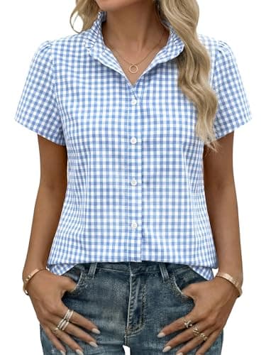Funlingo Button Down Shirts for Women Short Sleeve Gingham Tops Summer Dressy Ruffle Collared Blouses Work Clothes Business Casual Outfits Blue Plaid XL - Image 1