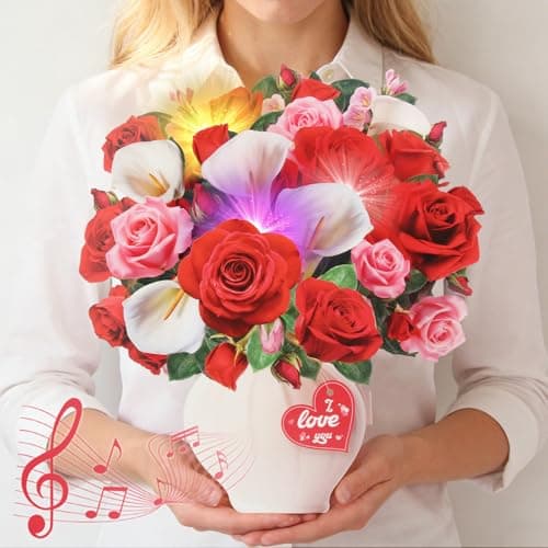 3D Pop Up Mother's Day Card, Happy Mothers Day Cards 11 Inch Forever Flower Bouquet with Music & Lights, Red Roses & White Calla Lilies, Anniversary Birthday Mothers Day Gift Card for Mom, Women, Wife, Girlfriend, Lover