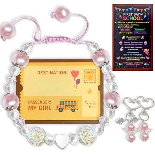 ELGLIM First Day of School Bracelet, First Day of Preschool Kindergarten 1st Grade 2nd Grade School Gift, Nice Back to School Gifts for Daughter Niece Granddaughter, Heart Bracelet with 2 Keychains and 2 Gretting Card. - Image 1