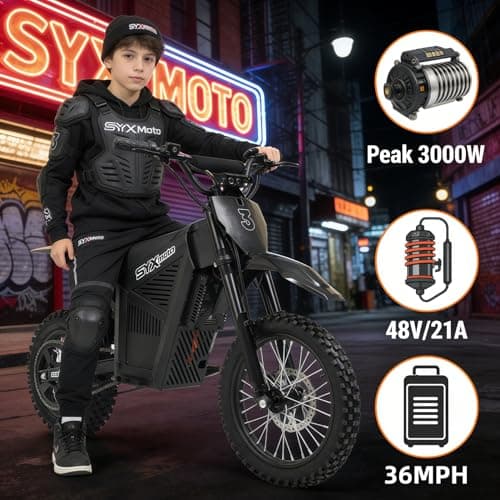 SYX MOTO ARC 48V 21Ah Electric Dirt Bike for Teens and Adults, 3000W Peak Motor Off-Road Motorcycle, 130N·m Torque, 37MPH Max Speed, 50 Miles Range, 3 Speed Modes, Up to 265LBS Capacity (Black) - Thumbnail 5