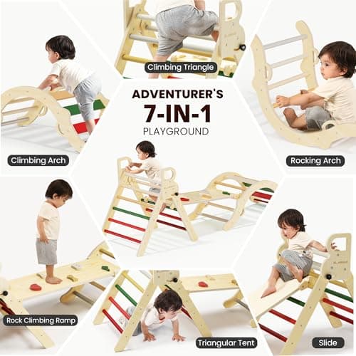 BlueWood Pikler Triangle Set, Toddler Wooden Climbing Toys Indoor 7in1 Foldable Climber for Kids, Montessori Philosophy Play Jungle Gym with Arch, Ramp, Ladder (Warm Winter Christmas) - Thumbnail 3