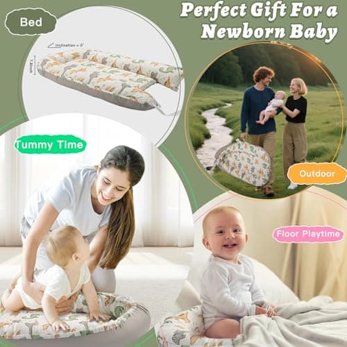 Alened Baby Lounger for Newborn 0-24 Months, Organic Cotton Infant Lounger on Floor for Supervised Tummy Time, Adjustable Portable Support Pad for New Born Awake Use Only - Dinosaur - Thumbnail 6