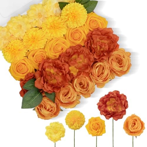 TINGE TIME Artificial Flowers Combo Set, Gradient Color Flower Leaf with Stems for DIY Wedding Bouquets Centerpieces Baby Shower Party Home Decorations(Yellow & Tangerine Orange) - Image 1