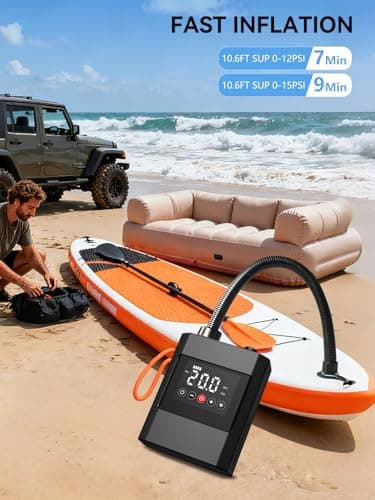 AIRSURE 20PSI High Pressure Electric Paddle Board Pump, Rechargeable Battery-Powered, Electric SUP Air Pump with 12V DC Car Connector, Intelligent Dual Stage for Inflatable Paddle Board, Kayak, Boats - Thumbnail 4