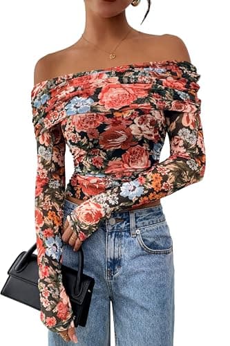 PRETTYGARDEN Womens Tops 2026 Spring Off The Shoulder Long Sleeve Fitted Y2k Shirts Floral Ruched Mesh Going Out Outfits(Floral Black Multicolored,XX-Large) - Image 1
